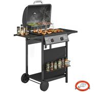 Barbacoa a gas Outsunny con 2 quemadores, mesitas laterales y termómetro integrado, fabricada en acero inoxidable, de 99x56x95 cm, color negro