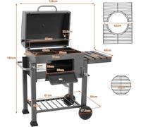 Barbacoa - Carbón para barbacoa - Ahumador - Parrilla - Barbacoa compacta - con tapa, asa y mesa lateral plegable