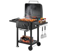 Barbacoa de carbón con ahumador, tapa con termómetro, rejilla ajustable en altura, bandeja para carbón, chimenea, parrilla, mesa lateral y compartimento para cenizas