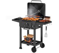 Barbacoa de carbón con función ahumador, con tapa, termómetro, rejilla ajustable en altura, bandeja para carbón, parrilla, mesa lateral y compartimento para cenizas