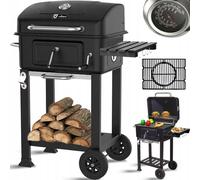Barbacoa de carbón con rejilla de hierro fundido, parrilla para jardín con tapa y termómetro, 95,5 x 62,7 x 104 cm, carro para barbacoa de carbón con ruedas, barbacoa de carbón compacta