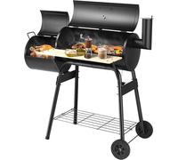 Barbacoa de carbón con tapa, 2 en 1 para asar y ahumar, carrito de barbacoa con ruedas, caja de fuego lateral, mesa lateral, estante, mangos de madera, termómetro, barbacoa de carbón para camping, ter