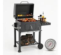 Barbacoa de carbón con tapa, termómetro, 2 ruedas, parrilla de acero esmaltado y cromado, cenicero, carrito de barbacoa con altura ajustable, 124x56x140 cm, ahumador para jardín, camping, color gris
