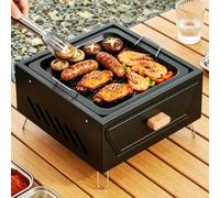 Barbacoa de carbón de sobremesa 2 en 1, parrilla cuadrada portátil con plancha antiadherente y rejilla de acero inoxidable; diseño tipo cajón para camping, patio o jardín