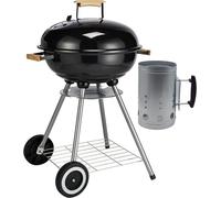 Barbacoa de carbón esférica, de 43 cm, para jardín, terraza y camping. Incluye tapa, mangos de madera y accesorios opcionales (barbacoa + encendedor)