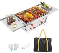 Barbacoa de carbón plegable Unyqoos® – compacta y portátil, acero inoxidable reforzado, 65×25×14 cm desplegada / 35,7×25×2 cm plegada, 3 kg, con bolsa de transporte, ideal para camping y picnics