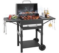 Barbacoa de carbón vegetal con tapa para exterior, jardín, camping | Jardín/camping: gran carro de carbón vegetal con tapa, parrilla de hierro fundido y acero inoxidable, tamaño grande