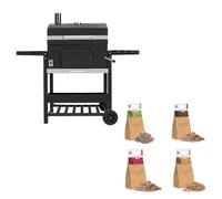 Barbacoa de Carbón XL con Ahumador, Funda y Madera para Ahumar | XL, Negro, Hierro Fundido, Termómetro, Carbón Regulable, Funda, Cepillo y 2 Bolsas Sorpresa de Madera
