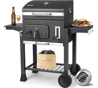 Barbacoa de carbón XXL, carrito para barbacoa de carbón con tapa, ideal para jardín | Barbacoa de carbón grande con 2 ruedas, termómetro, ahumador para barbacoa con estante, barbacoas de carbón para c