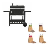 Barbacoa de Carbón XXL con Ahumador, Funda y Madera para Ahumar | XXL, Negro, Hierro Fundido, Termómetro, Carbón Regulable, Funda, Cepillo y 2 Bolsas Sorpresa de Madera