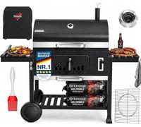 Barbacoa de carbón XXL con carro, juego completo con tapa y termómetro: gran barbacoa de carbón con carro, ahumador con chimenea y ventilación, incluye parrilla, rejilla para mantener la comida calien