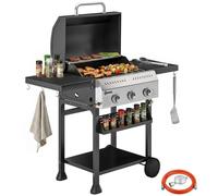 Barbacoa de gas de 9 kW con 3 quemadores, carro para barbacoa de acero inoxidable, incluye mesa lateral plegable, soporte para especias, estante inferior y 6 ganchos