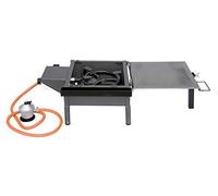 Barbacoa de Gas Portátil con Plancha Plegable de Acero Pulido | Asador de Sobremesa con Patas ideal para el Jardín de Casa | Incluye Paellero Vitrificado de 20cm + Regulador + Manguera 31x32x24cm