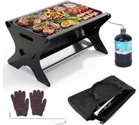 Barbacoa de gas portátil con sistema de encaje, que funciona tanto con gas como con carbón, e incluye una plancha de hierro fundido, ideal para