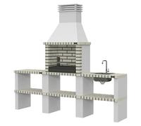 Barbacoa de obra Alvor con mesa auxiliar y fregadero (An x Pr x Al: 220 x 47 x 224 cm, Superficie parrilla: 64 x 38 cm, Blanco)