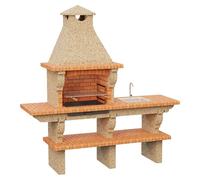 Barbacoa de obra Barcelos con mesa (Crema/Ladrillo, An x Pr x Al: 214 x 60 x 223 cm, Superficie parrilla: 60 x 38 cm, Derecha con fregadero)