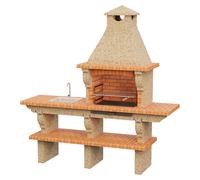 Barbacoa de obra Barcelos con mesa (Crema/Ladrillo, An x Pr x Al: 214 x 60 x 223 cm, Superficie parrilla: 60 x 38 cm, Izquierda con fregadero)