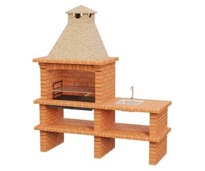 Barbacoa de obra Barcelos Ladrillo con mesa (Crema/Ladrillo, An x Pr x Al: 202 x 73 x 231 cm, Superficie parrilla: 79 x 48 cm, Derecha con fregadero)