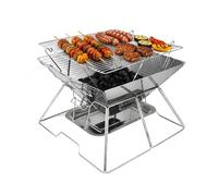 Barbacoa plegable de acero inoxidable 31 x 31 cm, barbacoa multifuncional con parrilla ajustable, bandeja recogecenizas y bolsa de transporte, barbacoa portátil de carbón vegetal para exteriores