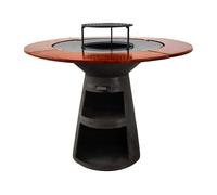 Barbacoa redonda con plancha de acero y grill y tablero de madera 121x121x105 cm