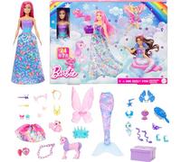 Barbie Calendario de Adviento con muñeca de pelo rosa y 24 accesorios sorpresa de unicornio, sirena y hada, con 3 mascotas y accesorios para el pelo, juguete +3 años (HRG90)