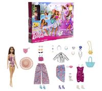 Barbie Calendario de Adviento con muñeca morena y 24 accesorios sorpresa de moda veraniega, gafas, zapatos y accesorios, juguete +3 años (HKB09)