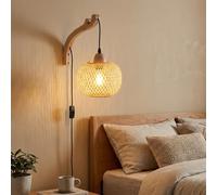 BARCELONA LED Aplique de pared "Phuket" de mimbre tejido con soporte de madera natural, grande, clásico, moderno y lujoso, decoración boho y vintage para interiores con cable y enchufe E27