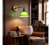 BARCELONA LED Aplique de Pared Vintage Industrial BANQUI Verde | Pantalla de Cristal Verde y Cuerpo Dorado Bronce | Casquillo E27 | Brazo Ajustable 180° | Lámpara de Dormitorio Salón Pasillo