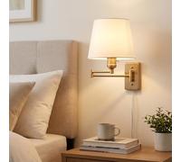 BarcelonaLED Aplique de Pared con Brazo Articulado Dorado Nórdico Moderno con Cable Enchufe e Interruptor Pantalla Blanca de Tela Casquillo E27 para Lectura Dormitorio Mesita de Noche Hotel