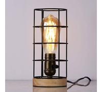 BarcelonaLED Lámpara de Mesa de Madera Natural Vintage Industrial con Jaula Negra Portalámparas E27 para Salón Dormitorio Mesita de Noche