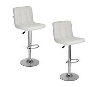 Baroni Home Juego de 2 Taburetes de Bar o Cocina de Tejido Acolchado, Ajustable y Giratorio De 360°, con Respaldo y Reposapiés, Estructura de Acero Cromado, Color Blanco de Piel Sintética