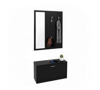 Baroni Home Mueble para recibidor de 3 piezas con zapatero, perchero de pared y espejo, banco para zapatos, juego modular para ahorrar espacio, 24 x 90 x 180 cm (negro con 4 ganchos)