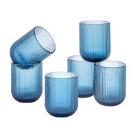 Baroni Home Set de 6 Vasos de Vidrio Coloreados y Decorados con Rayas en Relieve de 30 CL, Vasos Elegantes Lavables en Lavavajillas, 8x8x10 cm, Azul