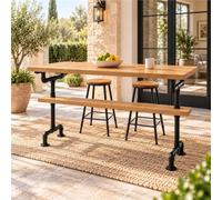 Barra Alta De Cocina, Mesa Bistro Industrial, Mesa Pub Madera Maciza | Madera Gruesa, Estructura Metálica De Tubería Diseño Estrecho Para Cocina, Comedor Bar, Sin Taburetes(Wood,L70.9"/180cm)