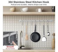 Barra de acero inoxidable para colgar en la cocina, de 53 cm de longitud, con 10 ganchos removibles