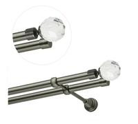 Barra para cortinas de 280 cm para montaje en pared, barra para cortinas de 19 mm, doble, estilo antiguo, acero, juego de barras para cortinas con adornos de cristal