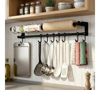 Barra para colgar utensilios de cocina, 50 cm, color , con 8 ganchos, y soporte para rollos de papel