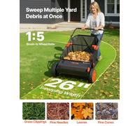 Barredora manual para césped, con colector de hojas y hierba de 66 cm y bolsa colector de 7 pies cúbicos, altura del cepillo ajustable y cepillos giratorios. Barredora robusta para jardines, con rueda