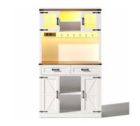 Barschrank con iluminación led y enchufes - gran mueble de buffet de cocina con 2 cajones grandes, diseño de puerta de granero, estantes ajustables - blanco