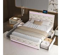 Base de Cama Doble Comanlai 140x190 140x200 180x200 cm con Somier de Láminas de Madera, Cama Tapizada en Terciopelo Beige, Cama con Almacenamiento y 4 Cajones, Capacidad de Carga 300 kg, Colchón No BL