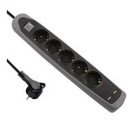 Base de enchufe múltiple con USB Gummy (Número de enchufes Schuko: 5 ud., Negro/Gris, Longitud del cable: 2 m, Con interruptor)