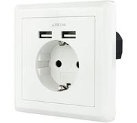 Base de enchufe schuko con 2 tomas USB (max. 2.4A) en color blanco para cargar dispositivos eléctricos y electrónicos en casa o oficina.