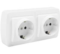 Base doble Schuko 2P+T blanca para instalación en pared, perfecta para conectar dispositivos eléctricos en hogares y oficinas.