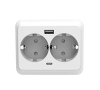 Base empotrable dual con conexión a tierra 16A 250V y puertos USB A y C, ideal para cargar y alimentar dispositivos en espacios reducidos, combinando funcionalidad y diseño práctico.