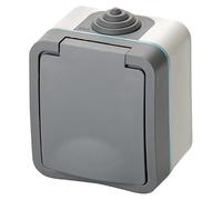 Base enchufe IP54, superficie Luxe, resistente al agua y al polvo, ideal para instalaciones interiores y exteriores.