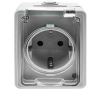 Base estanca tipo schuko, IP65, 16A, 250V, ideal para exteriores y ambientes húmedos, proporciona conexión eléctrica segura.