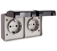 Base fija estanca doble IP44 para solera, resistente al agua, ideal para instalaciones eléctricas en exteriores y protección de conexiones.