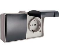 Base fija estanca IP44 con conmutador e interruptor, ideal para instalaciones eléctricas en exteriores y zonas húmedas.