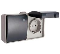 Base fija estanca IP44 con conmutador/intinterruptor, ideal para exteriores y zonas húmedas, garantizando seguridad y funcionalidad.