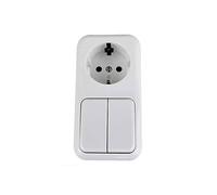 Base schuko con doble interruptor de superficie, ideal para controlar múltiples dispositivos eléctricos en hogares y oficinas.